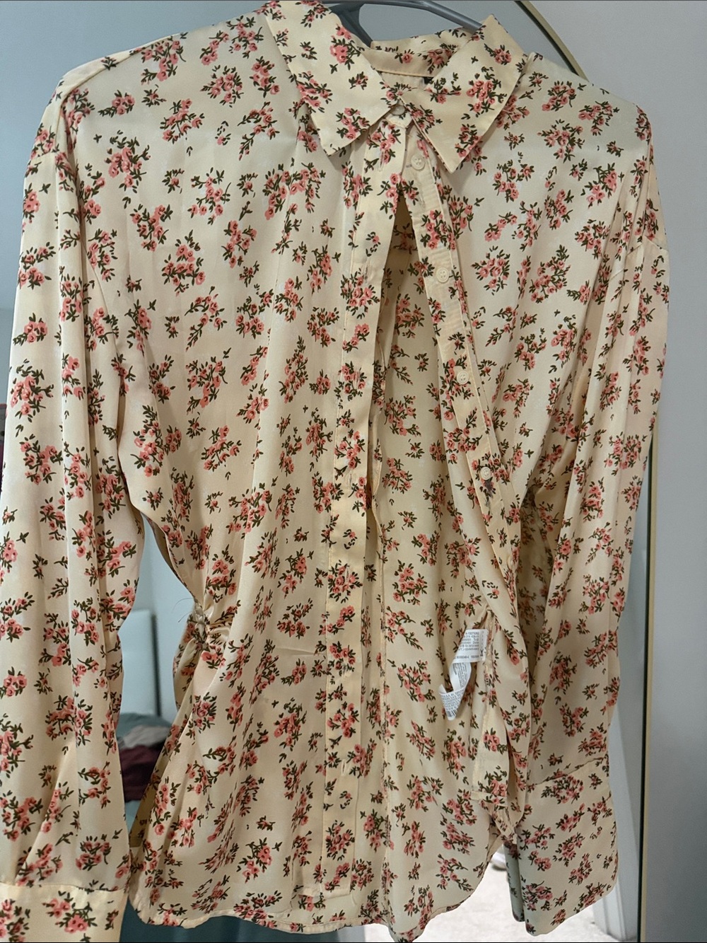 Zara Cream Blouse with Pink Floral Print and Tie Neck
